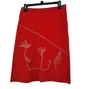 Southwestern Novelty Cactus Embroidered Stretch A-line Tea Length Skirt Red Sz 6